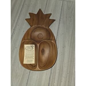 Vtg Monkey Pod Compartment Serving Dish Hand Carved Wooden Hawaiian Pineapple